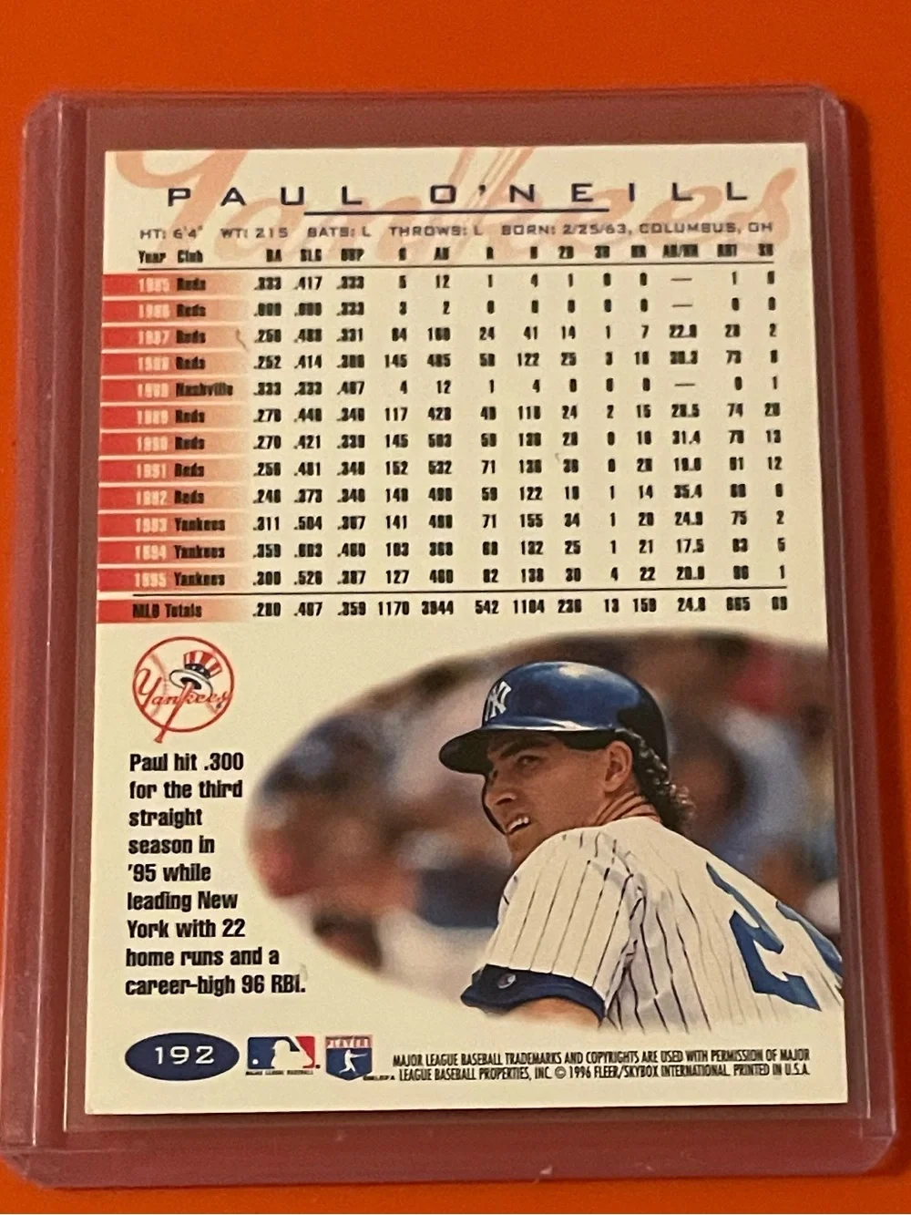 Paul O'Neill #192 1996 Fleer Baseball Trading Card